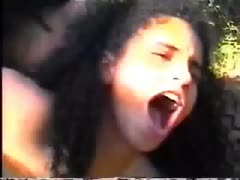 Curly brunette fucked in the pussy by a horse during outdoor amateur zoo